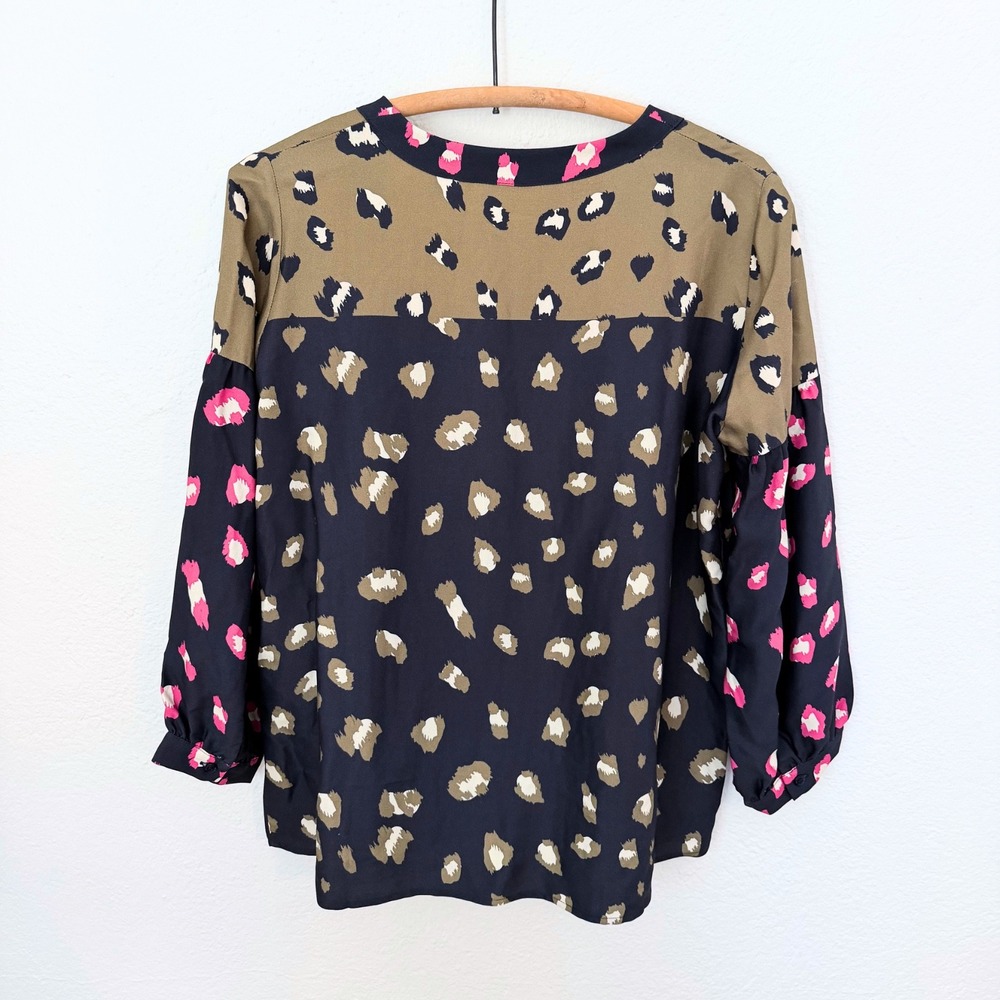 Vilagallo Anthropologie Womens Colorblock Leopard Print Blouse Navy Pink 38 M - Picture 2 of 8